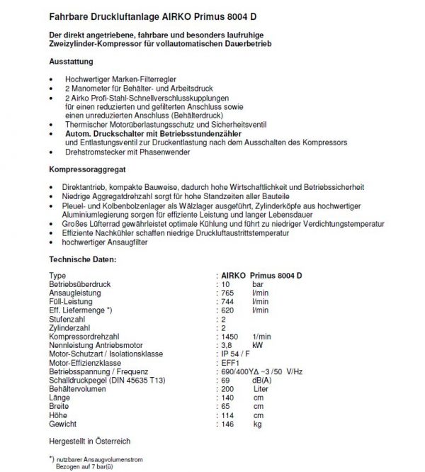 Airko Hochleistungskompressor Primus 7004 D, 8004 D – Bild 3
